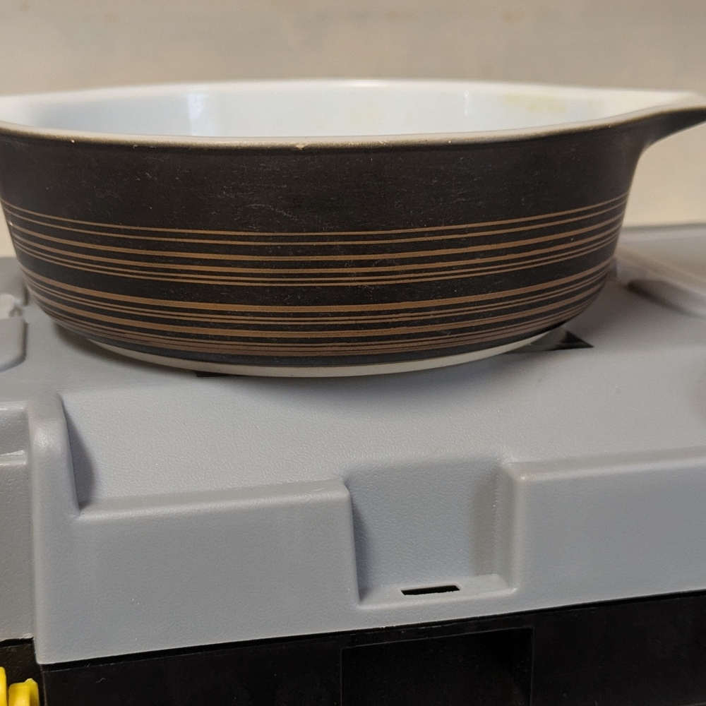 Small Pyrex Gold and Brown Striped Bakeware Dish